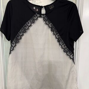 Worthington Black and White Lace-Trim Short Sleeve Blouse
